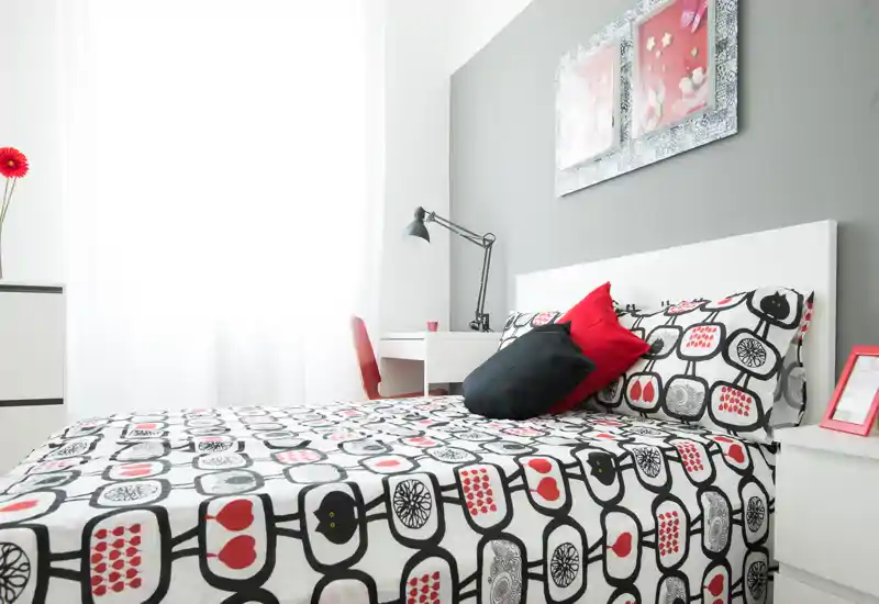 Bright, stylish bedroom with patterned bedding, decorative cushions and a bedside desk lamp. Large window provides abundant natural light and modern neutral décor.