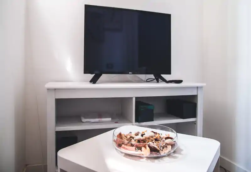 Small living area with a TV on a white console and a decorative bowl on a coffee table; neutral tones and soft lighting create a calm atmosphere.