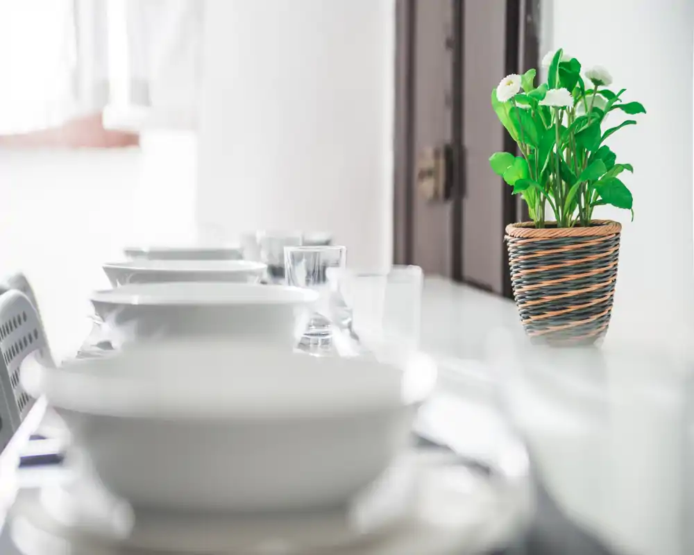 Montaje de comedor moderno y luminoso con vajilla blanca y una planta decorativa sobre una mesa brillante; la luz natural suave crea un ambiente acogedor.