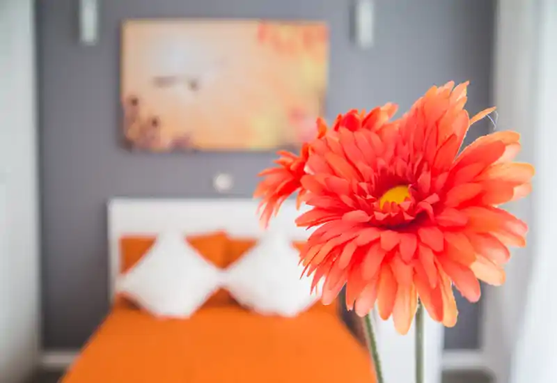 Foto elegante di una camera da letto con copriletto arancione brillante, cuscini bianchi e dettagli decorativi caldi; un fiore in primo piano aggiunge un tocco moderno e accogliente.