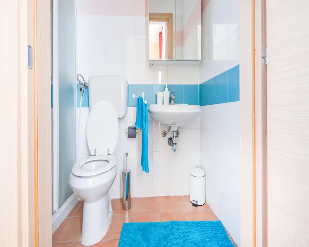 Small, bright bathroom with a toilet, wall-mounted sink, mirror cabinet and a shower screen; clean white tiles with a blue decorative stripe and coordinated blue textiles.