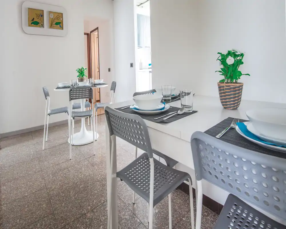 Bright, modern dining area with a set table, grey perforated chairs and a small decorative plant—clean, minimal and inviting for meals.