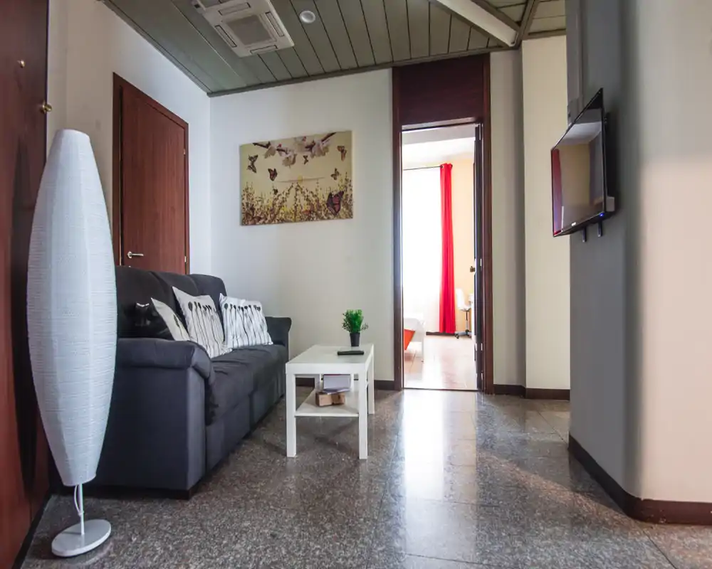 Cozy, well-styled living area with a dark sofa, decorative cushions, a white coffee table and tasteful wall art; a doorway leads to a bright adjoining room.