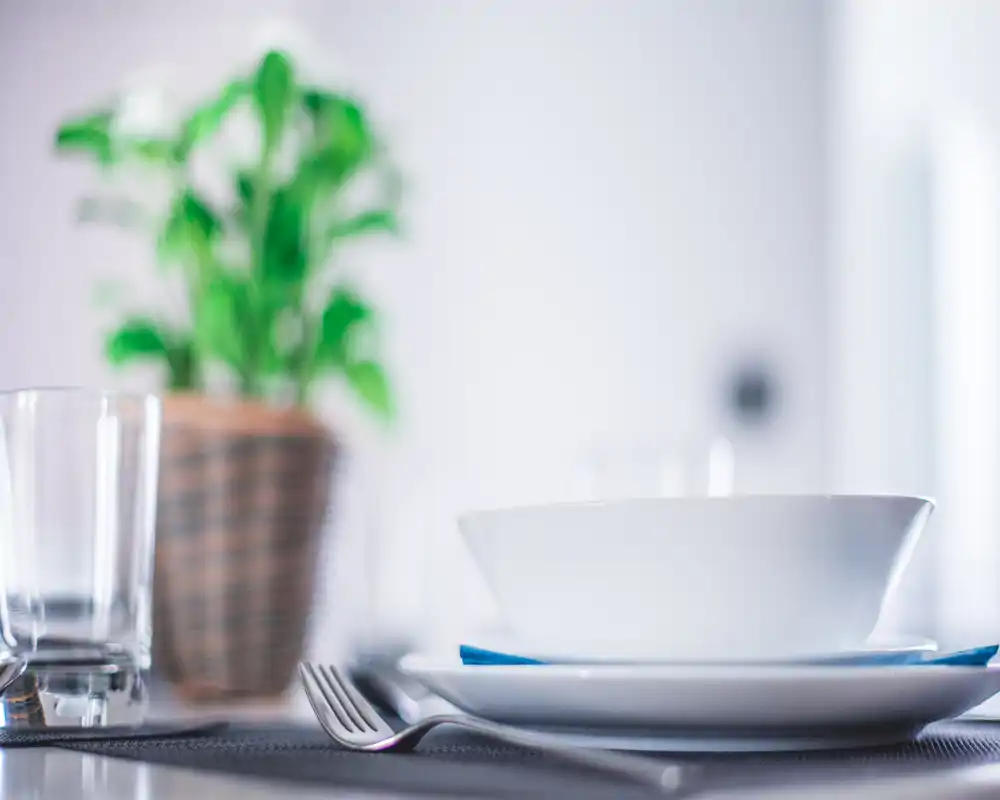 Close-up of a bright, styled kitchen/dining setup with a bowl, plate, glass and fork on a placemat and a potted plant blurred in the background.