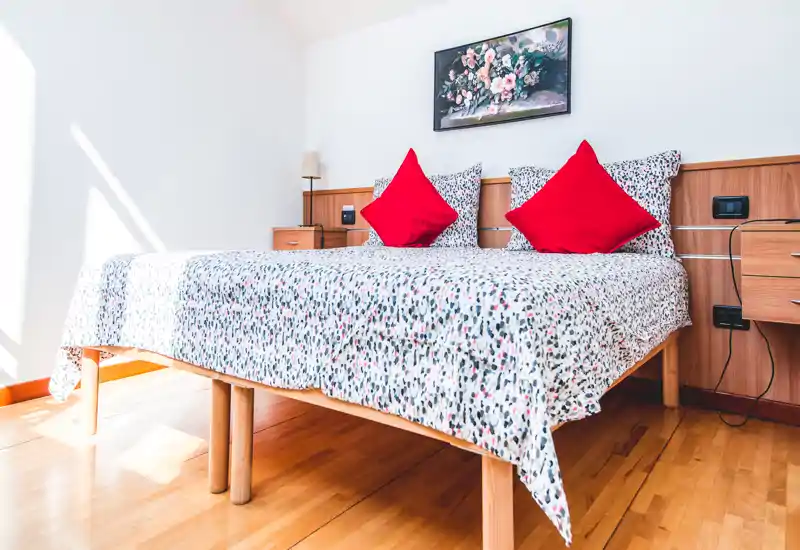 Dormitorio luminoso y bien decorado con ropa de cama estampada y dos cojines rojos. La luz natural inunda la habitación y el suelo de madera aporta calidez.