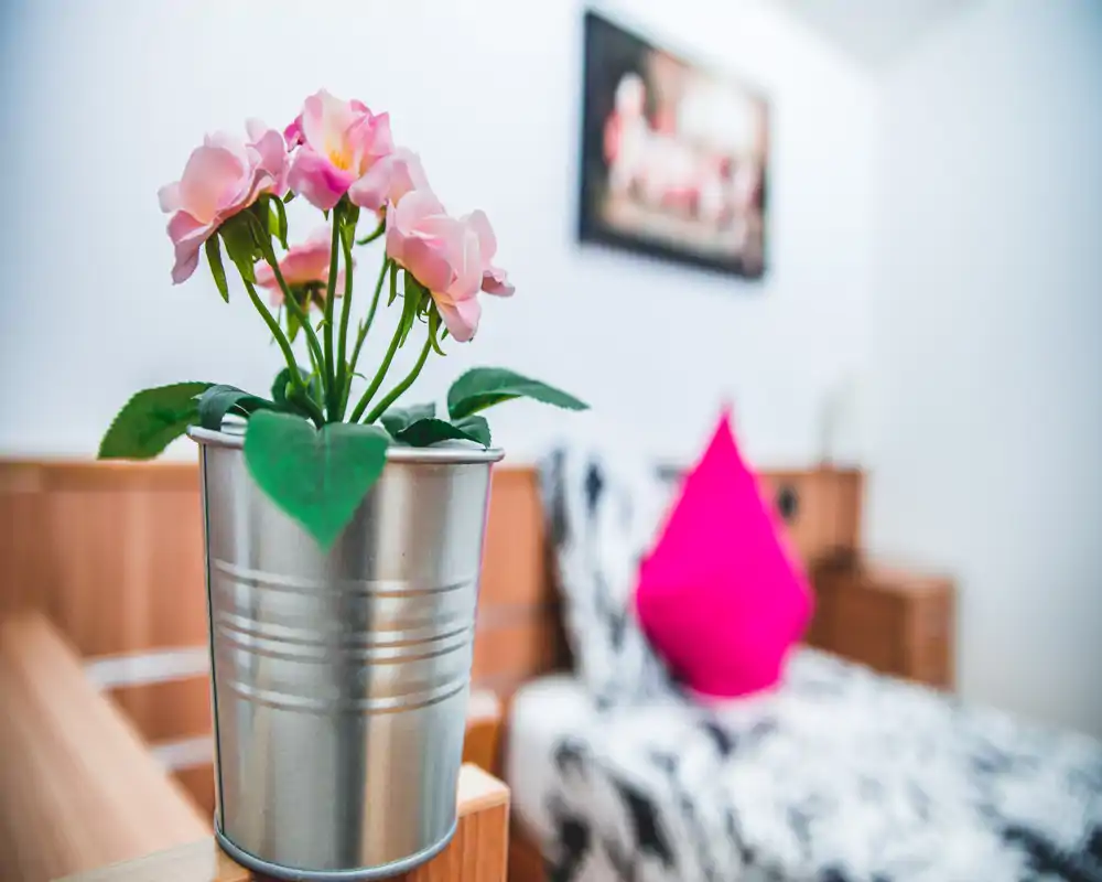 Rincón de dormitorio con luz suave, planta decorativa con flores rosas en primer plano y una cama estampada con un cojín fucsia en el fondo, que transmite un ambiente acogedor y estilizado.
