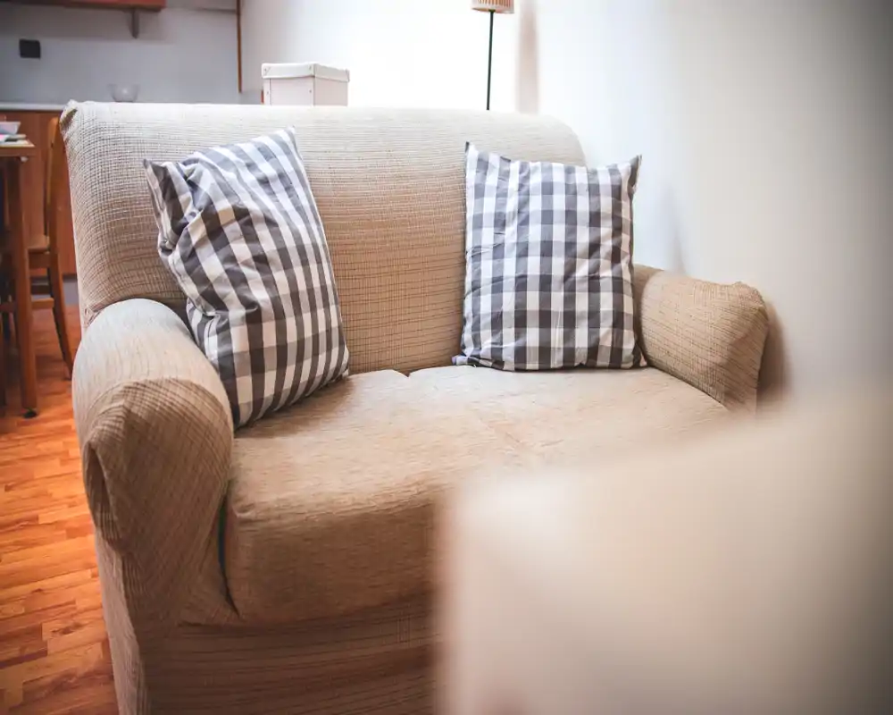 A cozy living area centered on a two-seater sofa with patterned cushions, warm wooden flooring and soft lighting — ideal for a comfortable rental listing photo.