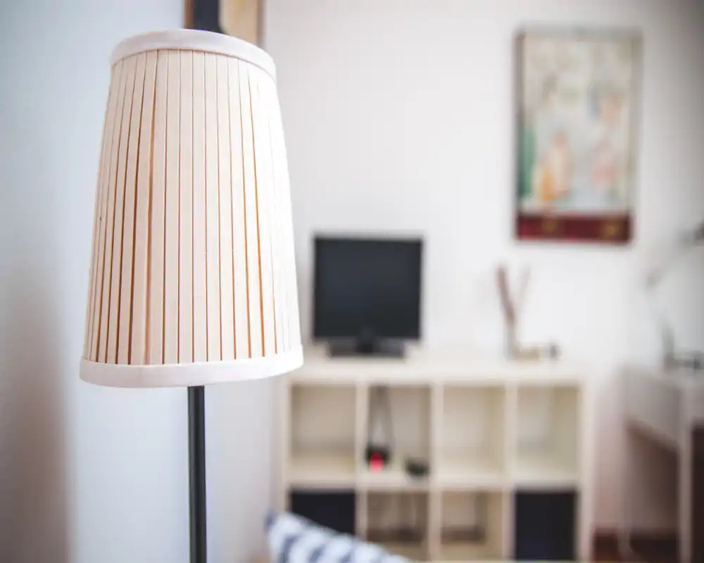 Close-up of a floor lamp in a cozy living area; blurred shelving and a TV are visible in the background, suggesting a small lounge setup.
