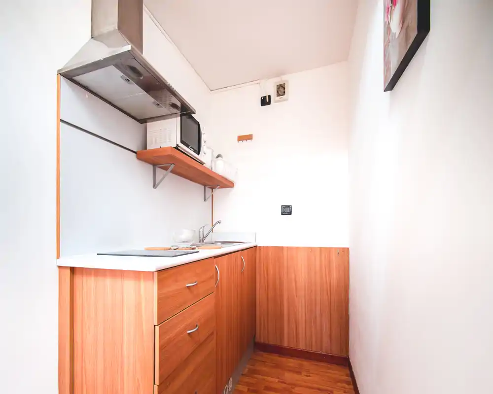 Compact kitchenette with warm wood cabinets, a small sink, induction hob and microwave on an open shelf — bright, clean and efficiently arranged for short stays.