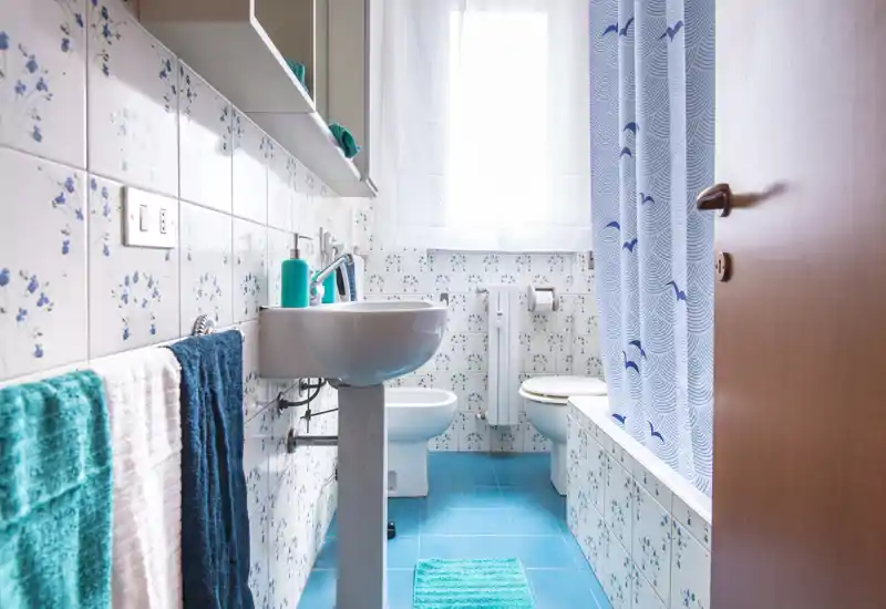 Clean, bright bathroom with blue-and-white tilework, a pedestal sink, bidet, toilet and a tub with a patterned shower curtain. Natural light comes through a curtained window, creating a fresh, airy atmosphere.