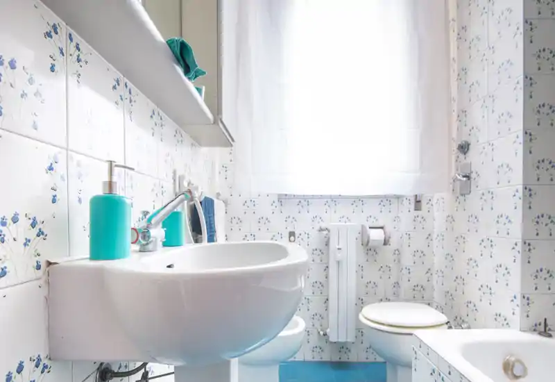 Bright, tidy bathroom with a wall-mounted sink, toilet and bidet, white fixtures and patterned tiles; natural light from a curtained window.