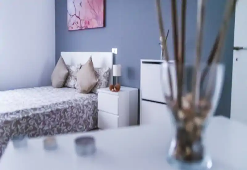 Dormitorio pequeño y bien decorado con ropa de cama estampada, dos cojines y una mesita de noche; tonos neutros y un cuadro crean un ambiente tranquilo.