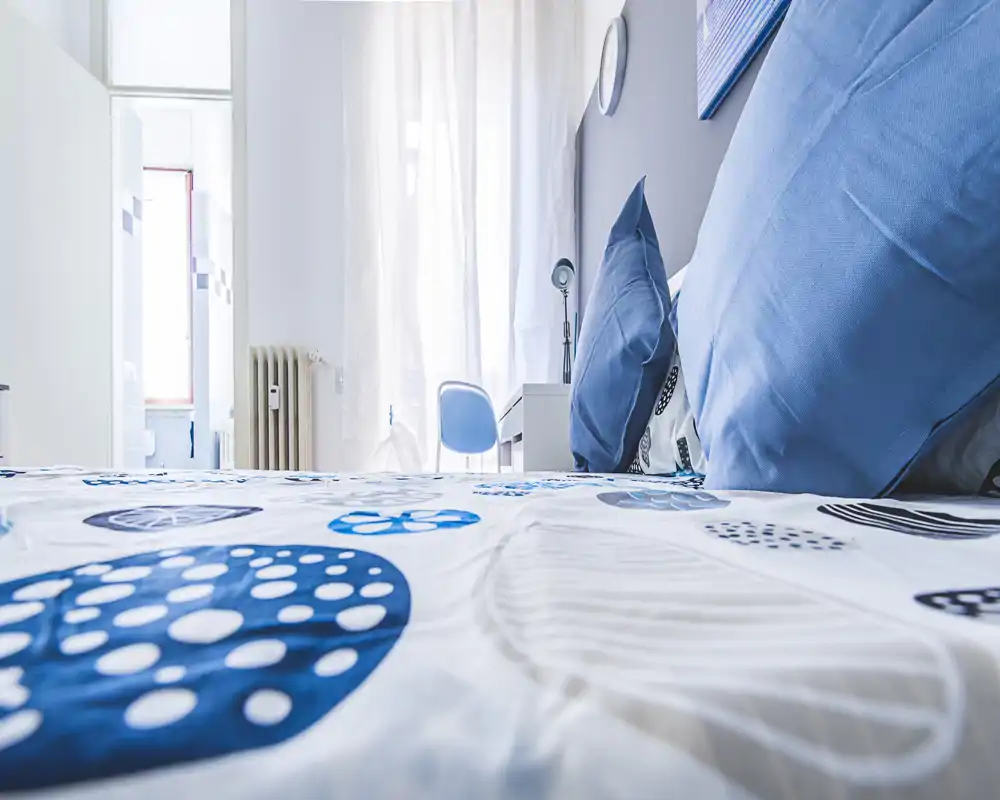 Bright, modern bedroom with blue linens and decorative pillows; natural light filters through sheer curtains creating an airy feel.