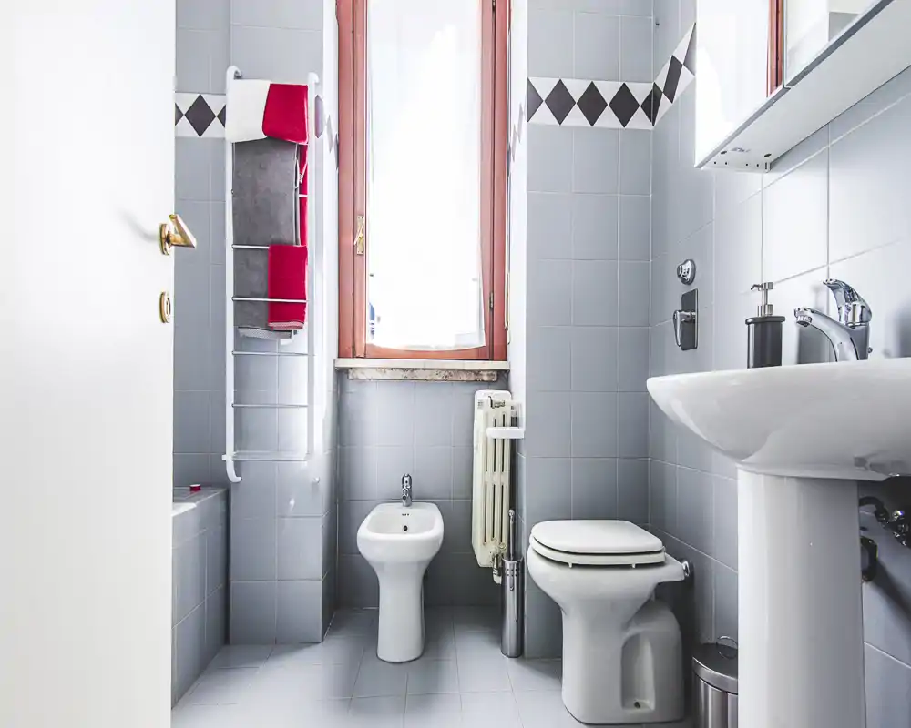 Bright, spotless bathroom with bidet, toilet and pedestal sink; light grey tiles and a window provide natural light.
