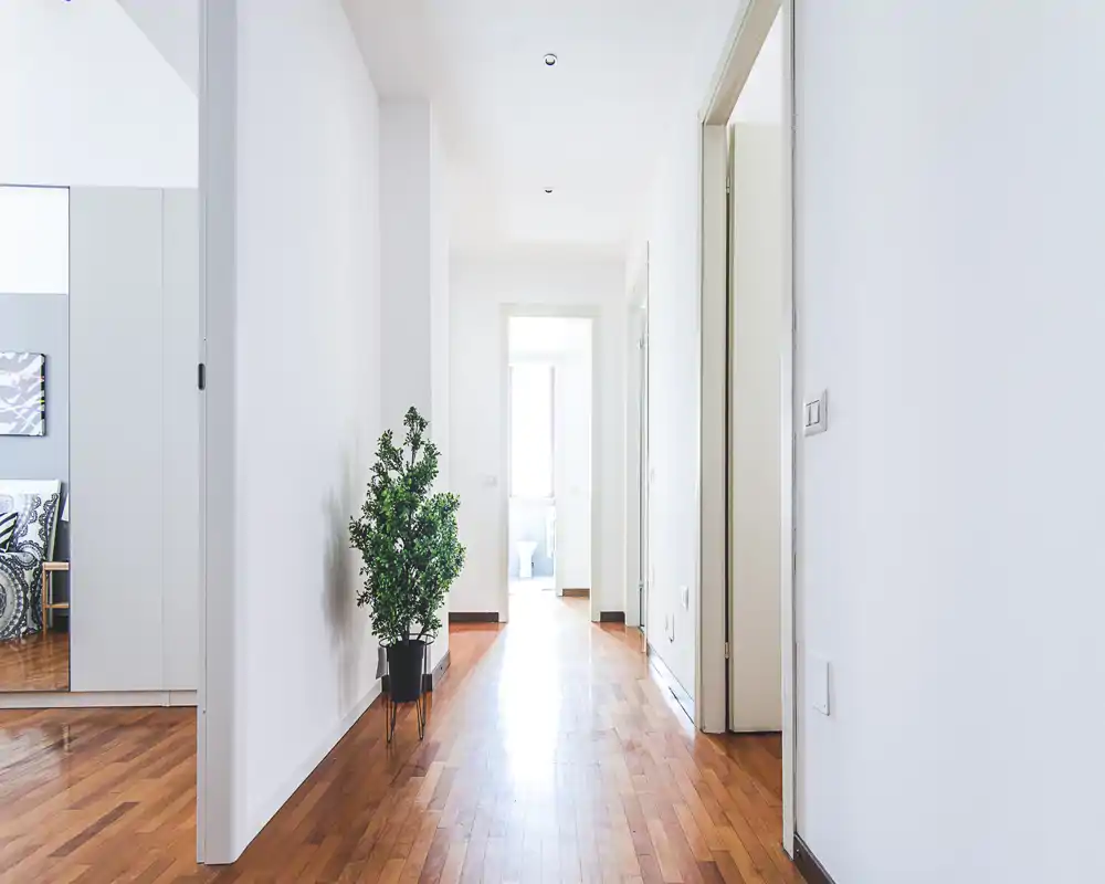 Bright, minimal hallway with polished wooden floors, white walls and a potted plant accent. The corridor leads to inner rooms and shows a clean, modern entrance area.