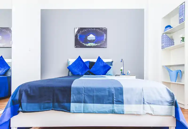 Bright, well-styled bedroom with a large double bed dressed in coordinated blue linens and decorative cushions; minimal, modern shelving and bedside table create a fresh, inviting space.