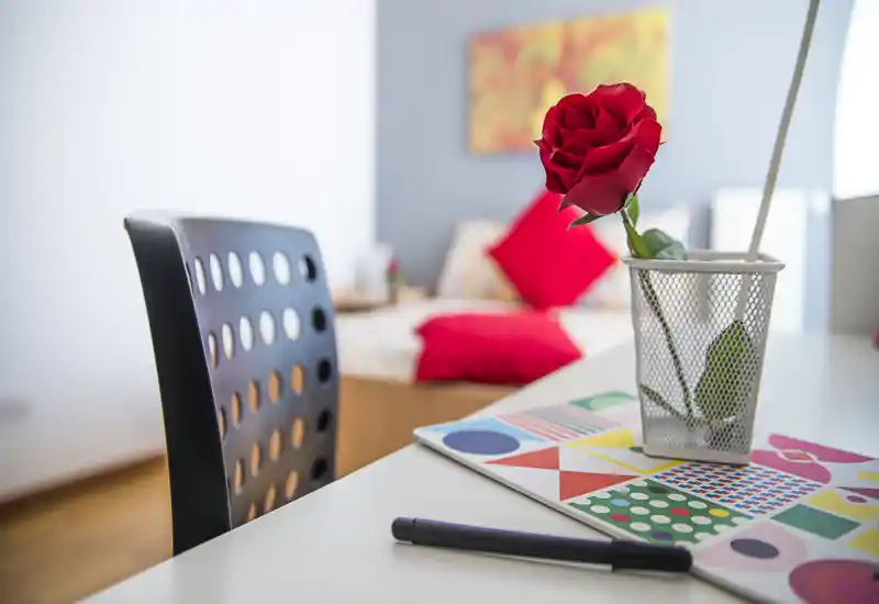 Angolo camera luminoso e accogliente con una scrivania decorata: una rosa rossa in un portapenne a rete, un tappetino da scrivania colorato e un letto con cuscini rossi sfocato sullo sfondo.