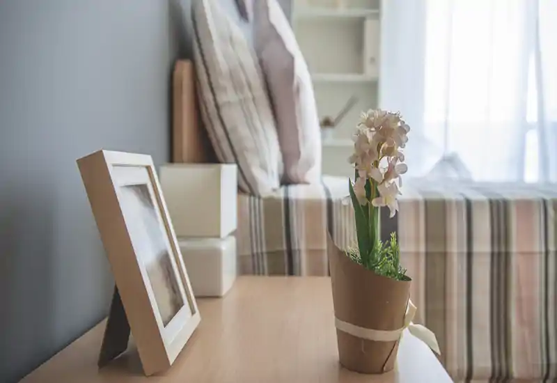 Rincón de dormitorio acogedor con cama de rayas, cojines suaves y mesita decorada con un marco y una pequeña planta. La luz natural que entra por la cortina translúcida crea una atmósfera tranquila y agradable, perfecta para descansar.