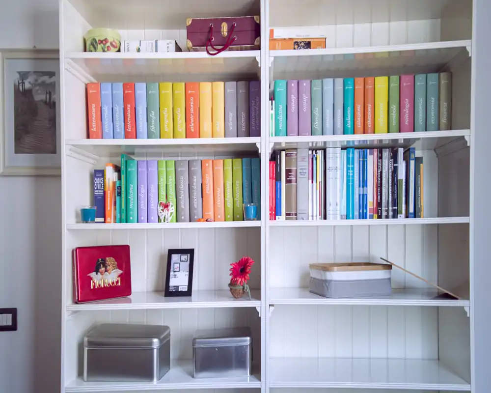 A neatly arranged white bookshelf filled with colorful books, small decorative objects and storage tins — a detail shot focusing on shelving rather than a specific room.