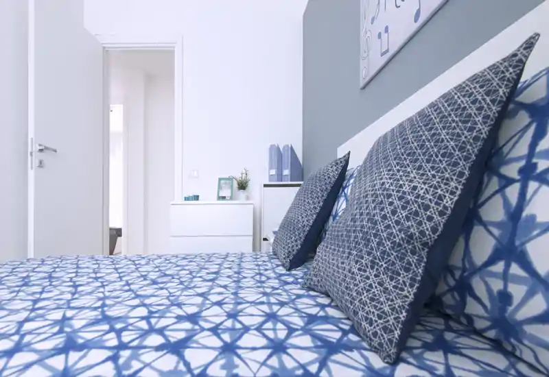 Bright, modern bedroom with blue patterned bedding and decorative pillows; neat bedside storage and soft natural light create a welcoming atmosphere.