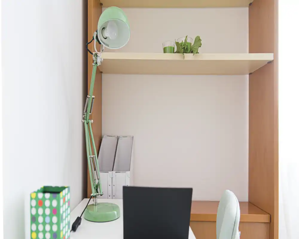 Bright, minimal desk nook with a green adjustable lamp, small plant and organizer—ideal for a compact home office or study corner.