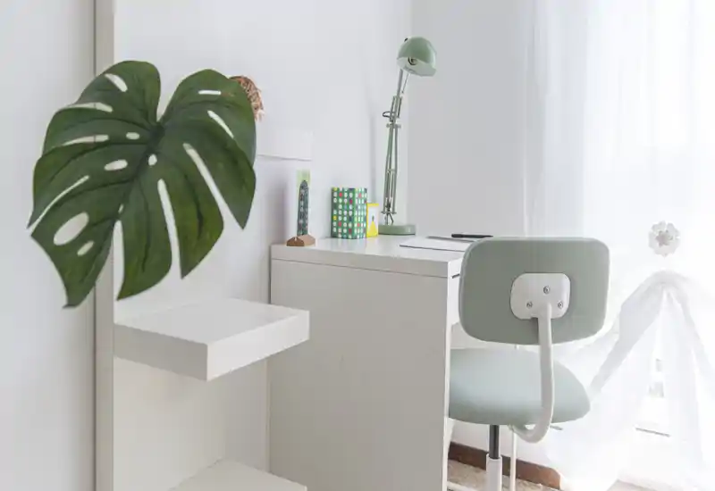 Bright, minimalist home office corner with a compact white desk, soft green chair and a leafy plant beside a sheer-curtained window — ideal for focused work.