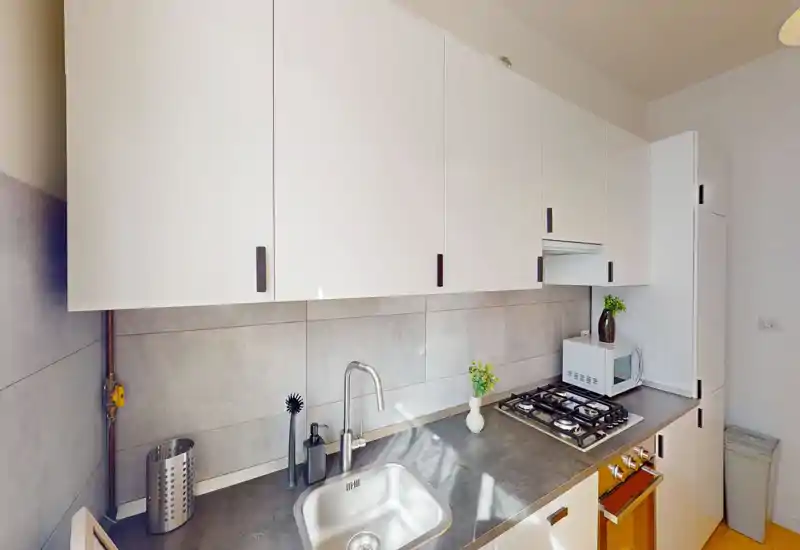 Modern compact kitchen with a stainless-steel sink, gas hob, microwave and white upper cabinets; clean, bright surface with small plants for a welcoming touch.