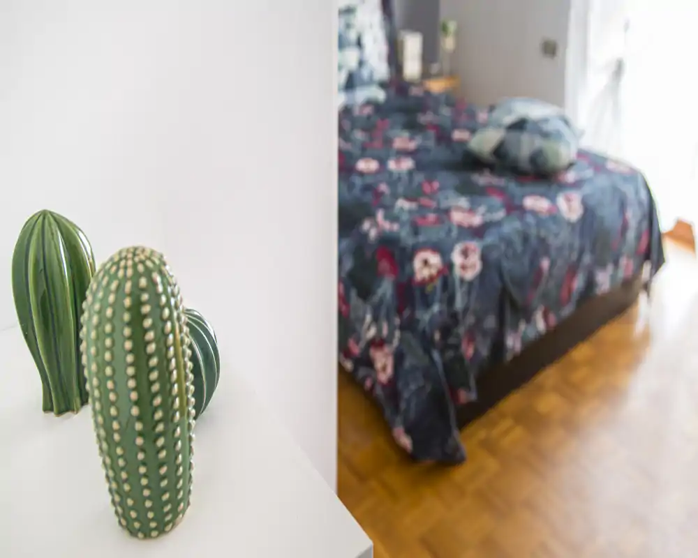 Camera da letto luminosa e accogliente con piumone a fantasia e cuscino; il letto è il soggetto principale a destra mentre piante decorative in ceramica creano profondità in primo piano.