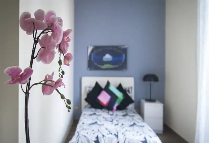 Camera da letto singola luminosa e curata con biancheria a fantasia, cuscini decorativi e comodino con lampada; un'orchidea rosa in primo piano aggiunge profondità e calore.