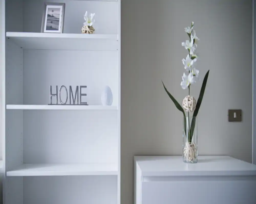 Escena mínima y moderna de entrada o pasillo con una estantería blanca y un jarrón decorativo sobre un mueble, creando una primera impresión limpia y acogedora.