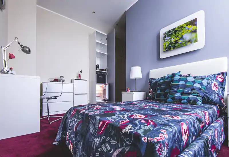 Bright, stylish bedroom with a patterned bedspread, bedside lamp and contemporary storage units; the bed dominates the foreground and the space feels cozy and well-lit.
