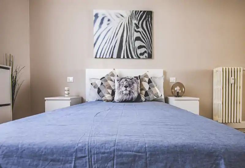 Bright, stylish bedroom with a large bed dressed in blue linen, patterned cushions and tasteful wall art above the headboard. The room feels inviting and well photographed for a rental listing.