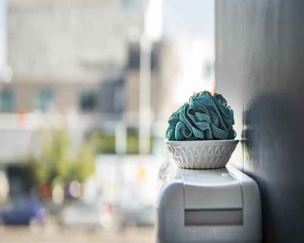 Gros plan d'un bol décoratif contenant une fleur de douche/tissu turquoise posé sur un rebord ; l'arrière-plan montre un extérieur urbain flou. La photo met l'accent sur l'objet et la faible profondeur de champ plutôt que sur une pièce identifiable.