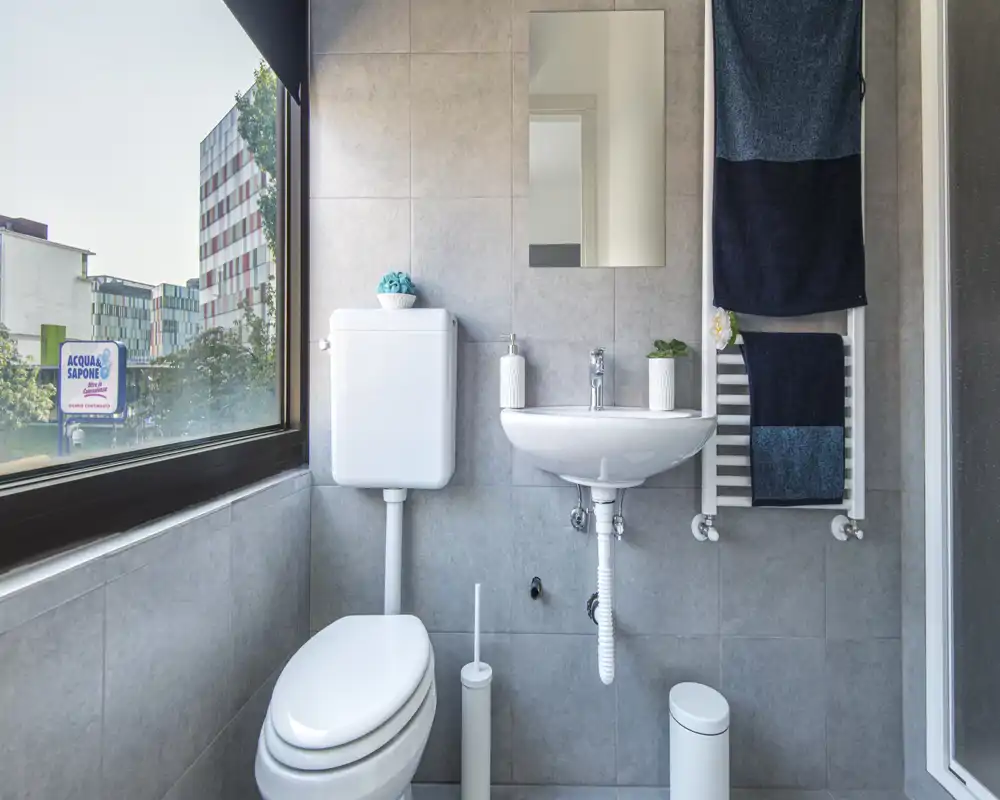 Petite salle de bains moderne et lumineuse avec lavabo mural, WC, radiateur porte-serviettes et une grande fenêtre apportant de la lumière naturelle.