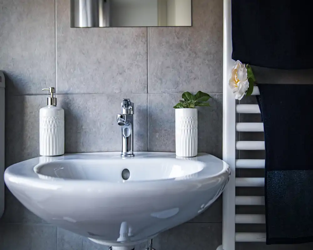 Lavabo de salle de bain moderne et propre avec robinet chromé, distributeur de savon et petite plante sur la vasque ; mur carrelé gris et radiateur porte-serviettes visible sur le côté.