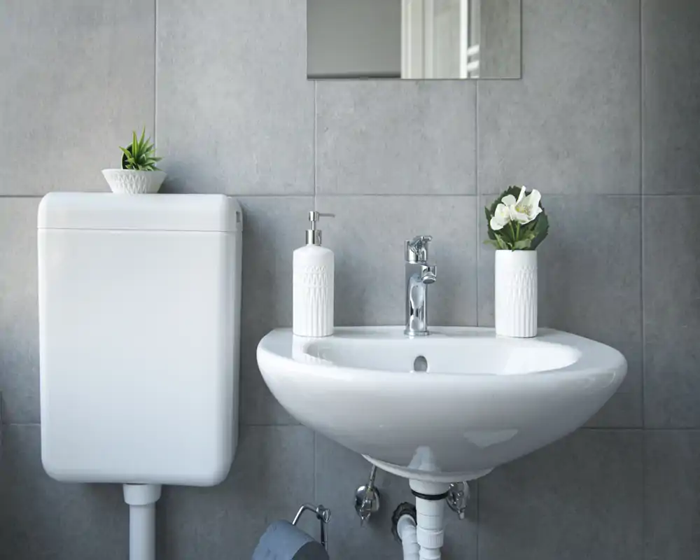 Clean, modern bathroom sink and toilet cistern against grey tiled walls, with simple decorative soap dispenser and small plant for a fresh look.
