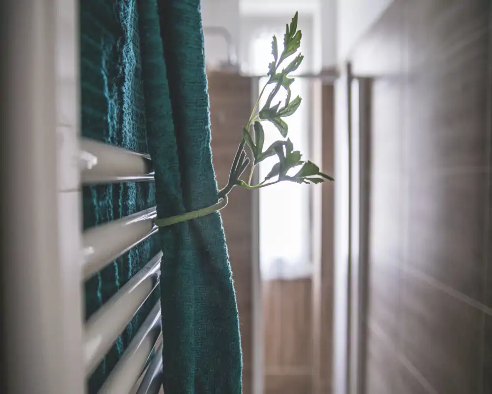 Close-up of a bathroom towel on a heated rail with a decorative leaf; shallow depth-of-field and soft natural light create a calm, spa-like detail shot.