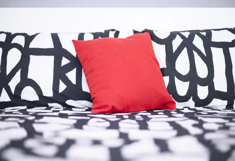 Gros plan d'une chambre lumineuse avec une couette à motif et un coussin rouge décoratif sur un lit bien fait. L'image met en valeur les textiles et le contraste des couleurs, parfaite pour une annonce moderne.