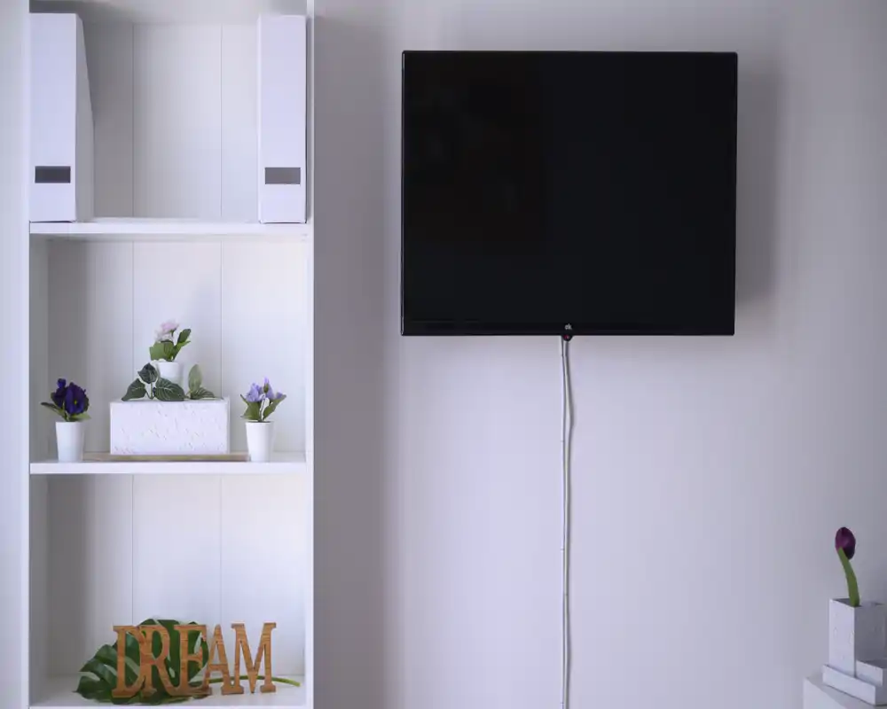 A minimalist living area wall with a mounted flat-screen TV, decorative shelving with plants and a 'DREAM' ornament; soft, neutral tones create a calm atmosphere.