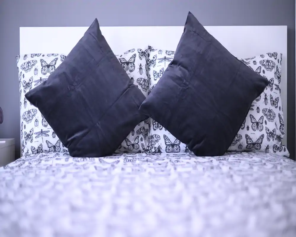 Bright, styled bedroom close-up featuring a full bed with patterned linens and two large decorative pillows for a cozy, modern look.