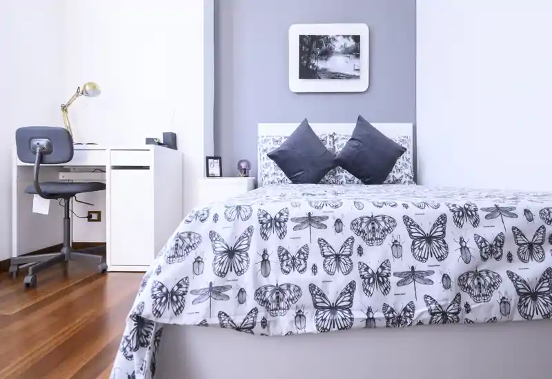 Chambre lumineuse et soignée avec une couette à motifs, deux coussins d'appoint et un petit bureau dans le coin — idéale pour une personne ou une chambre d'appoint stylée.