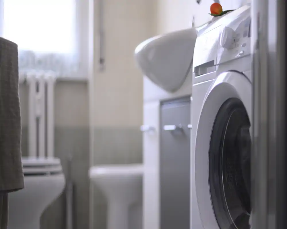 Compact bathroom view with a front-loading washing machine, sink and toilet in soft, natural light — practical and tidy.