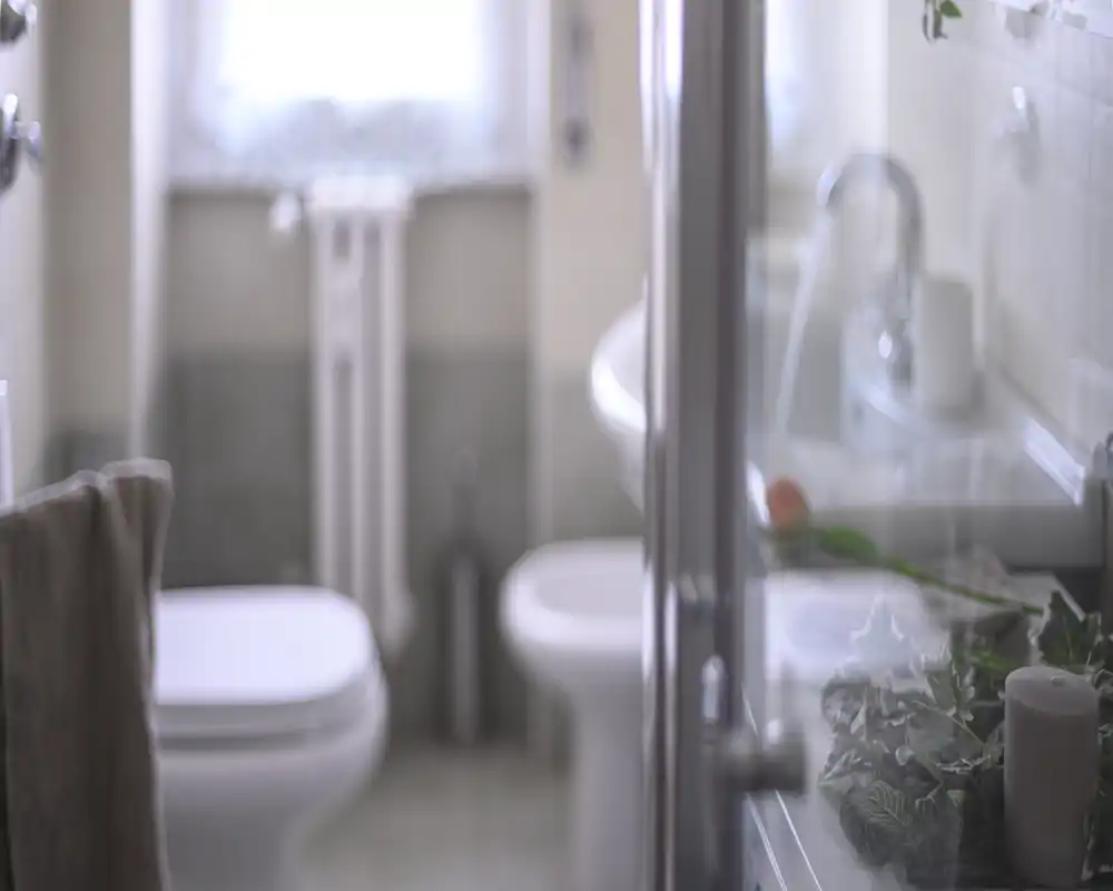Bright, softly lit bathroom with visible toilet, bidet and sink; delicate decorative plants and a candle on the counter create a calm, welcoming atmosphere.
