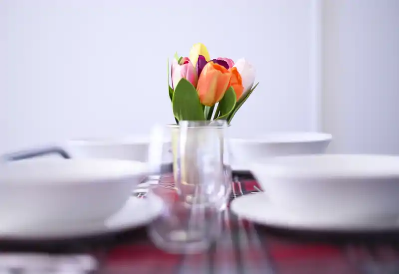 Tavola da pranzo luminosa e curata con runner scozzese, ciotole bianche e un piccolo vaso di tulipani colorati al centro — un allestimento accogliente per i pasti.