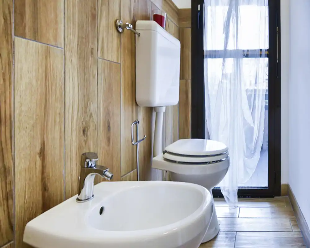 Baño compacto y bien iluminado con bidé y WC con cisterna alta, revestimiento efecto madera y puerta de cristal que aporta luz natural.