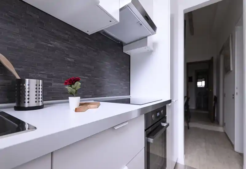 Modern compact kitchen with a white countertop, built-in oven and induction hob, dark tile backsplash and small decorative plant for a warm touch.