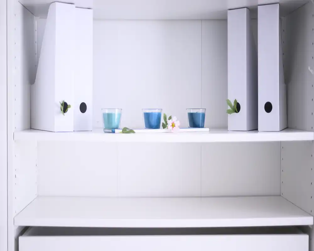 Close-up of a white shelving unit with three small blue candles and white binder boxes; minimal decorative styling.