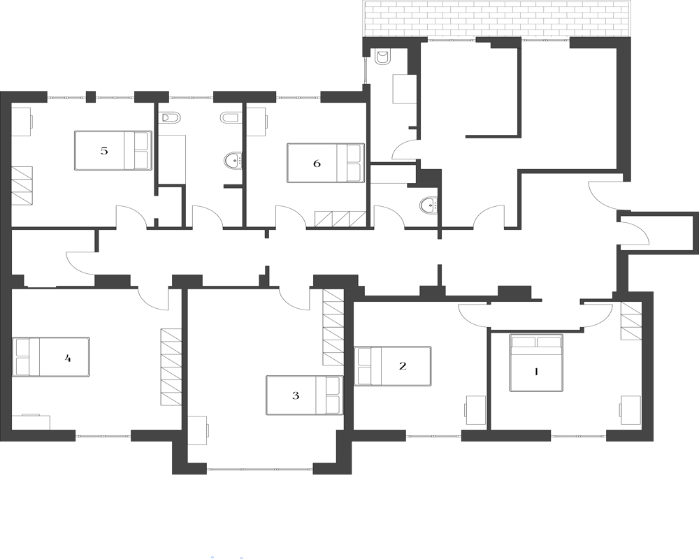 Architectural floor plan showing the layout of multiple rooms, doors, and furniture placements (numbered bedrooms). Clear black-and-white plan view useful for spatial planning and listing floor layout.