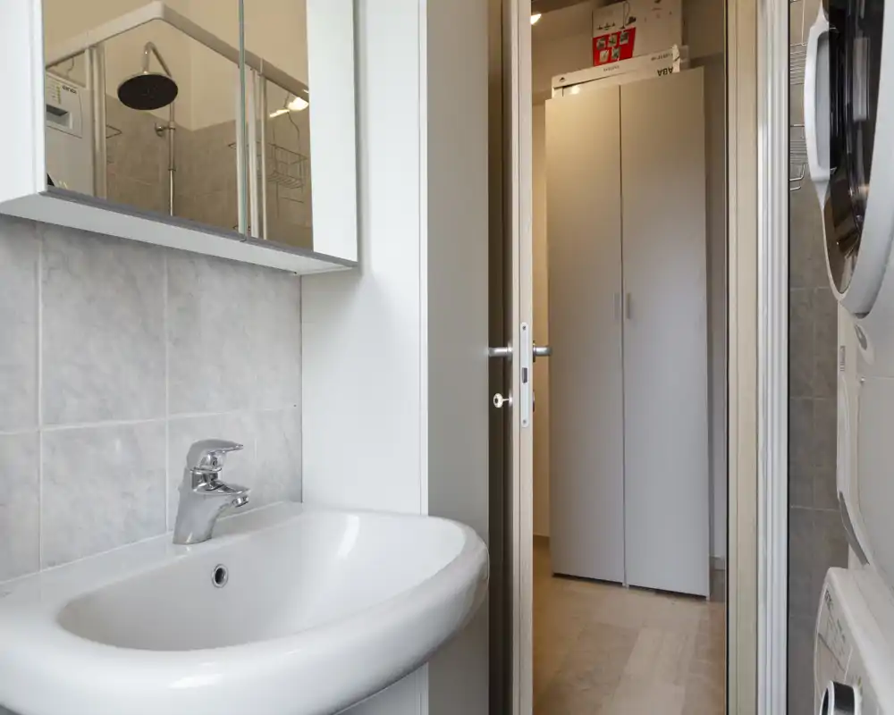 Salle de bain moderne et lumineuse avec lavabo en céramique blanc, armoire miroir et pomme de douche visible ; espace compact et bien éclairé.