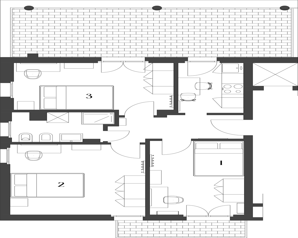 Black-and-white architectural floor plan showing three numbered bedrooms, bathrooms, kitchen and terraces. The drawing displays walls, doors, fixtures and furniture in plan view for layout reference.